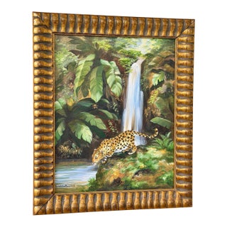 Signed Tropical Leopard Waterfall Acrylic Painting in Carved Gilt Wood Frame For Sale