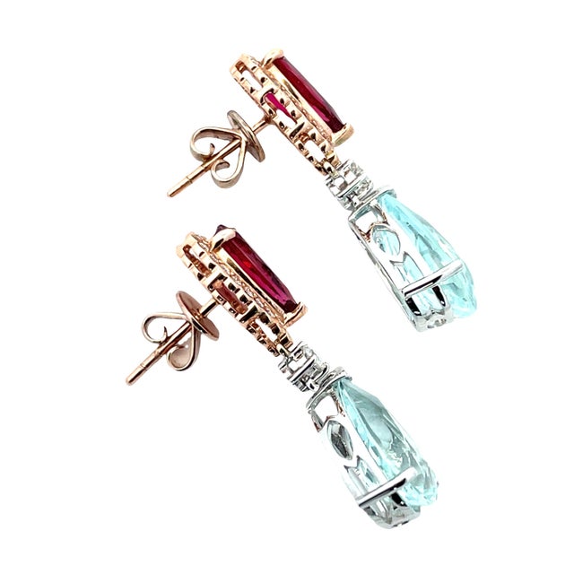 18k Gold Dangle Earrings With Aquamarine Rubellite and Diamonds, A Pair For Sale - Image 4 of 14