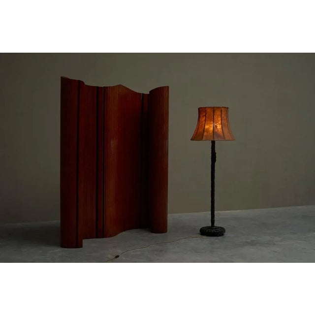 Floor Lamp in Hand-Carved Wood with Leather Shade, Early 20th Century For Sale - Image 5 of 13