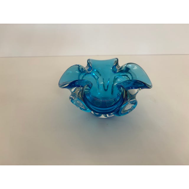 Blue Blue Vintage Murano Ruffled Hand Blown Glass Candy Dish Sculpture For Sale - Image 8 of 10