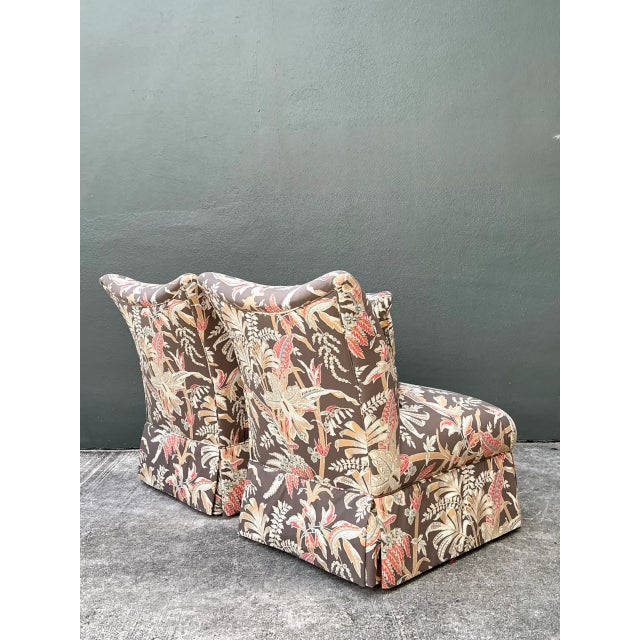 Wood Brunschwig and Fils “Seychelles” Cotton Print Slipper Chairs For Sale - Image 7 of 12