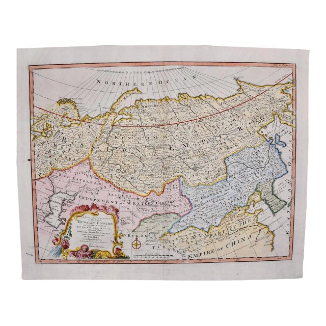 Map of the Russian Empire: An Original 18th Century Hand-Colored Map by E. Bowen, 1744 For Sale