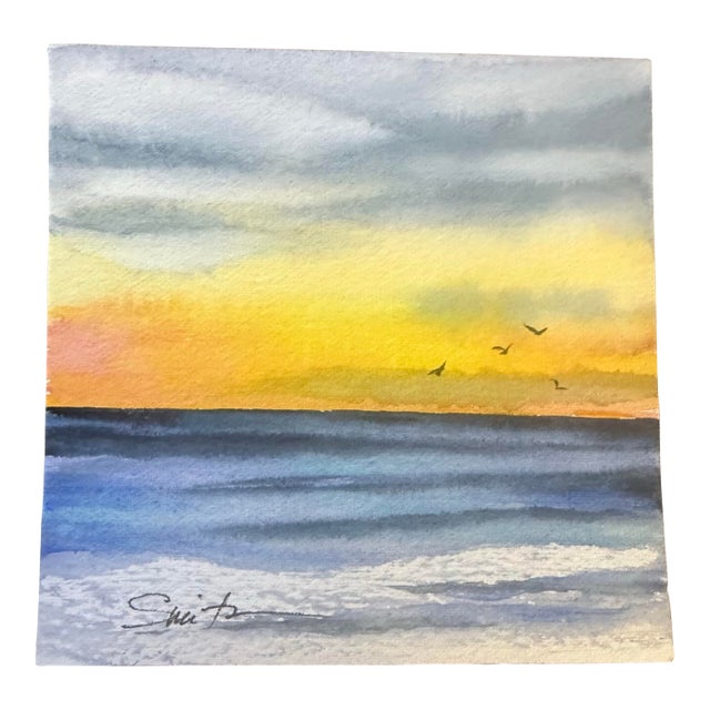 “Sunrise Over Gentle Waves” Signed Original Miniature Watercolor Seascape For Sale