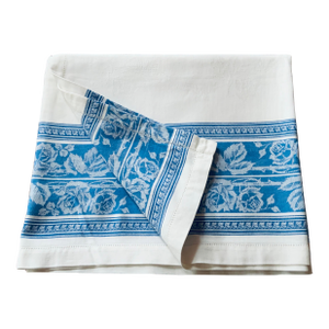 Exquisite French Damask Linen Tablecloth - Classical Rose & Vine Pattern, C. 1920s