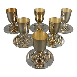 Hand-Worked Silver-Plated Brass Glasses and Coasters with Gilt Interior, 20th Century, Set of 12 For Sale