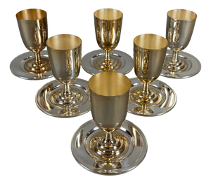 Hand-Worked Silver-Plated Brass Glasses and Coasters with Gilt Interior, 20th Century, Set of 12