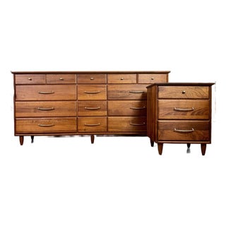 Vintage 1961 Solid Walnut MCM Dresser and Nightstand Set For Sale