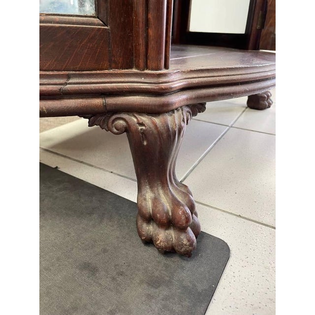 Brown Antique Tiger Oak Curio Cabinet, 4 Shelves, Glass Door, Hand Carved Wood For Sale - Image 8 of 11