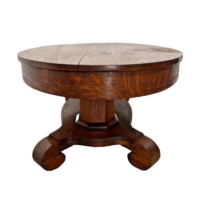 Early 20th Century Antique Oval Coffee Table Tiger Oak Center Drawer Shelf Columns Empire Style For Sale - Image 5 of 11