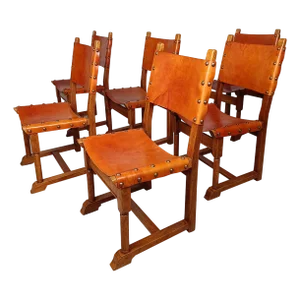 Set of Italian Rustic Chairs in Cognac Studded Leather and Oak, 1930s
