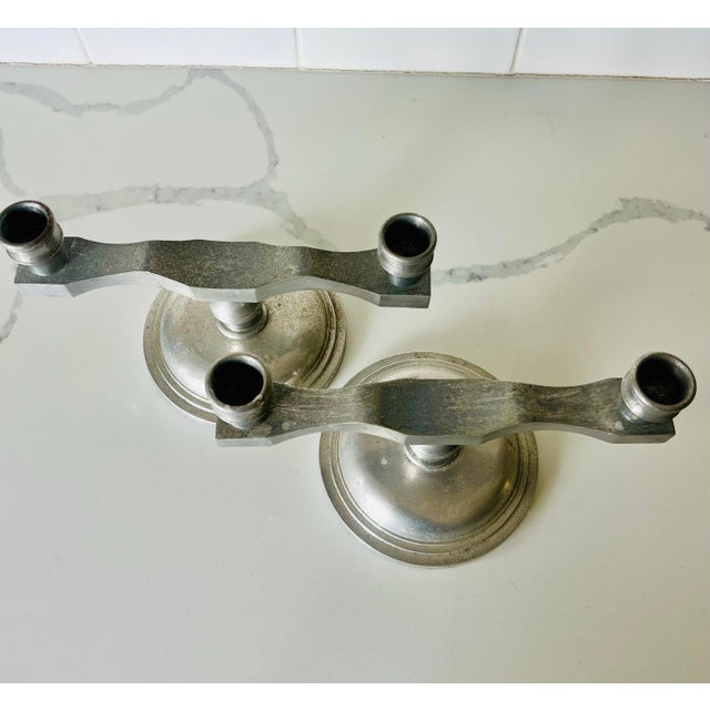 Vintage Pewter Two Arm Candlesticks a Pair For Sale In Greenville, SC - Image 6 of 7