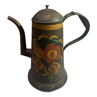 Antique 19th Century Pennsylvania Toleware Metal Hand Painted Pitcher /Coffee Pot For Sale