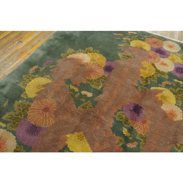1920s Green Floral Modern Antique Chinese Art Deco Rug by Nichols Workshop 7'10''x9'2'' Wool Carpet For Sale In New York - Image 6 of 12