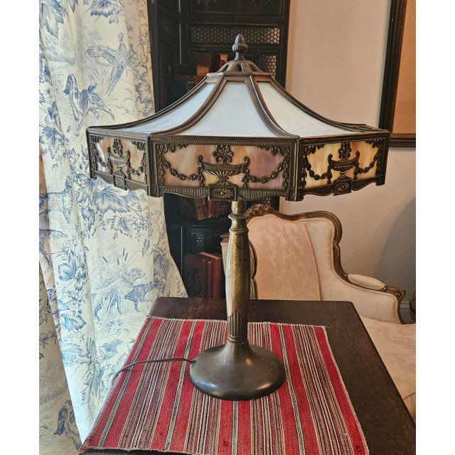 Glass 1900s Stately Bradley and Hubbard Slag Glass Lamp For Sale - Image 7 of 18