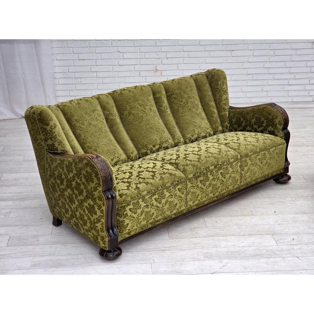 Vintage Danish Three-Seater Sofa in Furniture Velour and Carved Oak, 1950s For Sale - Image 6 of 18