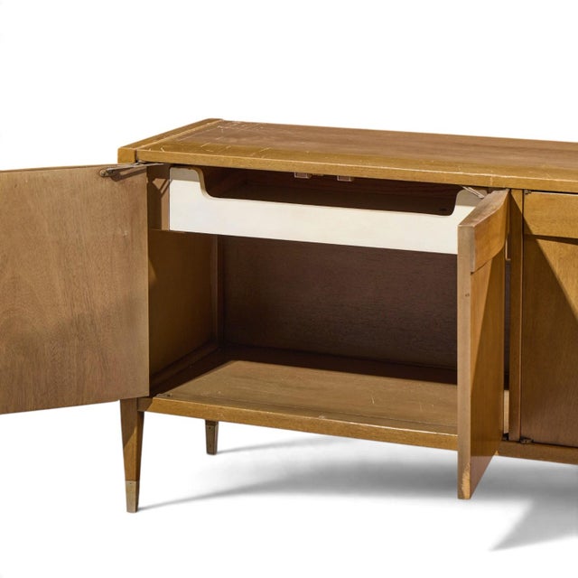American of Martinsville Mid Century Walnut and Cane Credenza With Hutch For Sale - Image 9 of 13