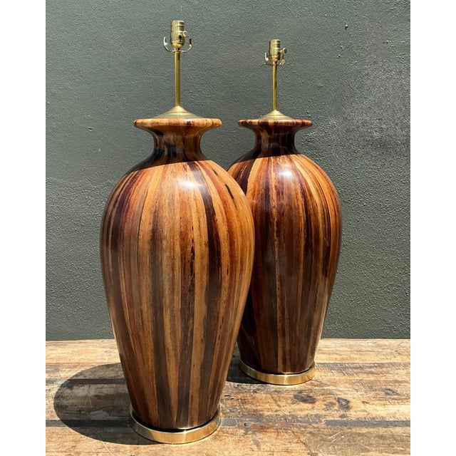 Vintage Striped Wood Table Lamps With Brass Base - a Pair For Sale - Image 9 of 15