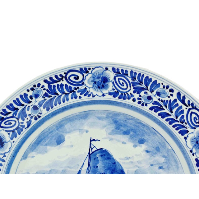 Delft Mid 20th Century Hand Painted White and Blue Delft Sailing Boat Wall Decorative Plate For Sale - Image 4 of 6