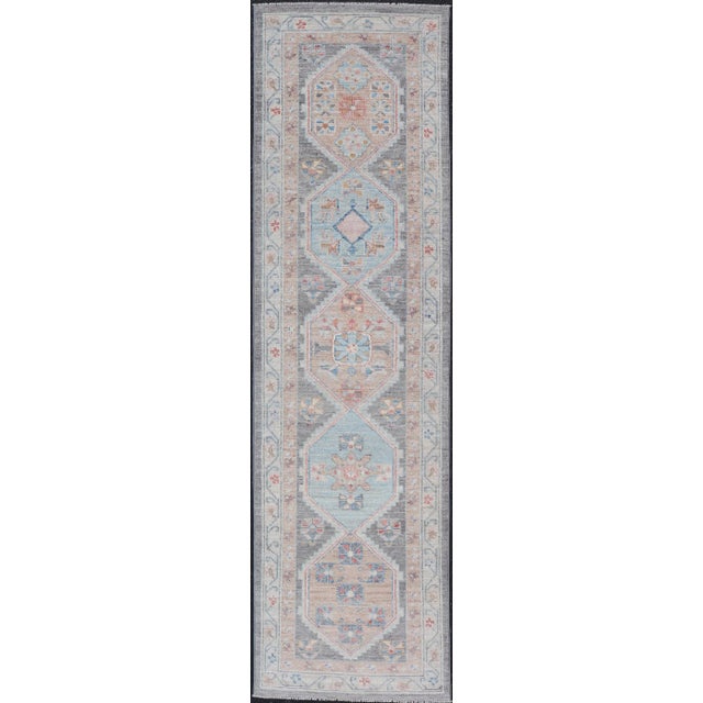 Floral Medallion Oushak Runner With Tribal Motifs and on a Gray Background For Sale - Image 13 of 13