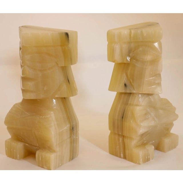 Vintage Carved Mexican Aztec Mayan Figure Onyx Stone Bookends 1950s For Sale - Image 4 of 12