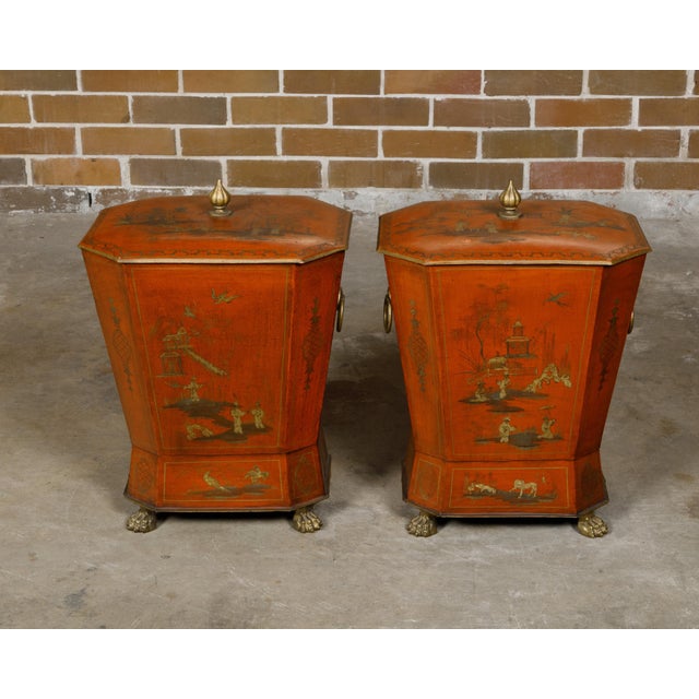 19th Century 19th Century English Victorian Red Lacquer Cellarettes with Chinoiseries - a Pair For Sale - Image 5 of 12