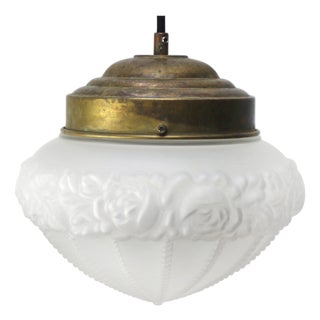 Vintage Industrial Frosted Glass and Brass Pendant Lamp For Sale