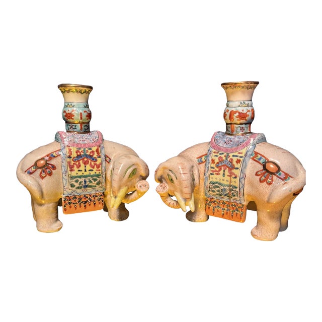 Early 20th Century Chinese Export Famille Rose Enameled Elephant Candle/Joss Holders- Set of 2 For Sale