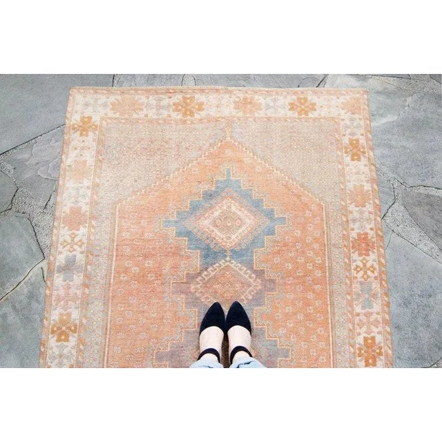 1940s Vintage Medallion Geometric Floral Apricot & Blue Hand-Knotted Rug- 4’2” x 5’4” For Sale - Image 4 of 11