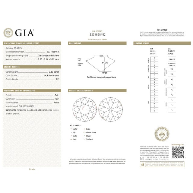 Metal Mid 20th Century Retro Gia 2.83 Carat Old European Cut Diamond Platinum Engagement Ring, Size 4 For Sale - Image 7 of 8