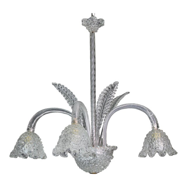 Art Deco Chandelier 4 Light by Barovier & Toso Murano Glass, 1950s For Sale