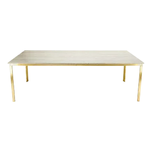 Large Heavy Solid Brass Base Travertine Top Rectangle Dining Table