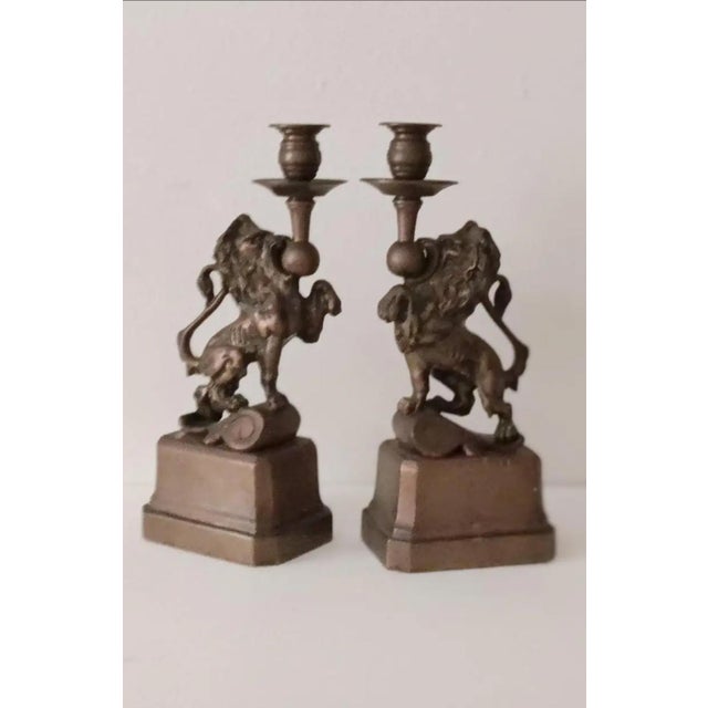 Mid 20th Century Pair of Heavy Bronze French Renaissance Lion Candle Holders For Sale - Image 9 of 10