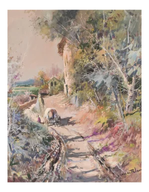 Juan de Palau Buixo, Large Landscape with Cart, 20th-Century, Watercolor on Paper, Framed