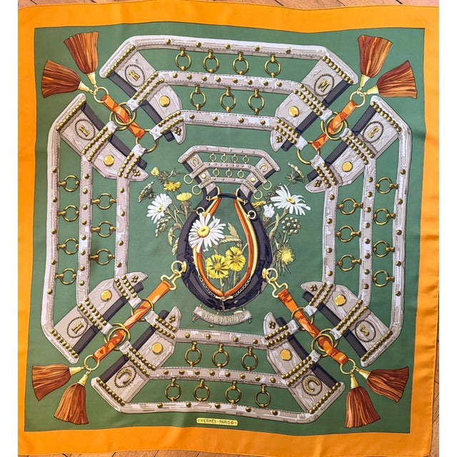 Hermes Aux Champs silk scarf designed by Cathy Latham in 1990 This delightful scarf is an ode to wildflowers (daisies,...