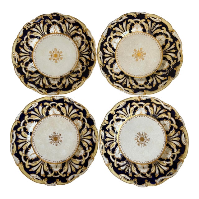 Set of 4 Antique English Staffordshire Cobalt & Gold Porcelain Dinner Plates, 19th Century For Sale