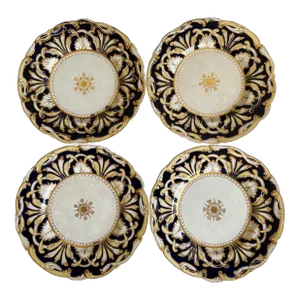 Set of 4 Antique English Staffordshire Cobalt & Gold Porcelain Dinner Plates, 19th Century