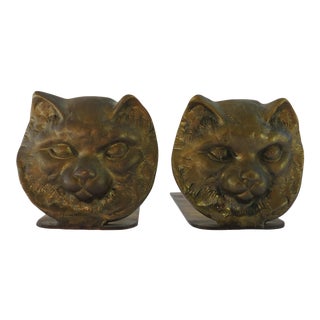1970s Brass Cat Head Bookends - a Pair For Sale