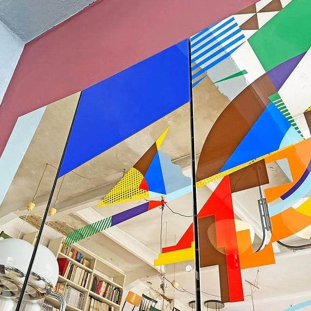 Silver Large Modern Italian Decorative Mirror with Multicolored Abstract Design, 1980s For Sale - Image 8 of 10