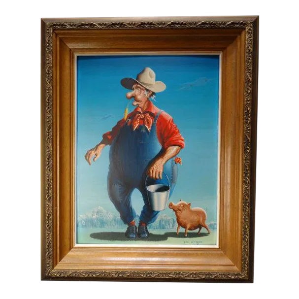 Vintage Mid-Century Irv Wyner the Farmer and His Pig Buddy Painting For Sale