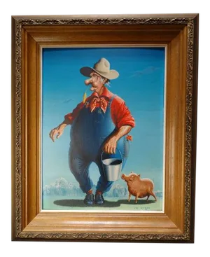 Vintage Mid-Century Irv Wyner the Farmer and His Pig Buddy Painting