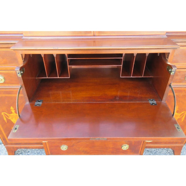 Wood Mahogany Inlay 2 Part Breakfront China Display Cabinet With Desk For Sale - Image 7 of 12