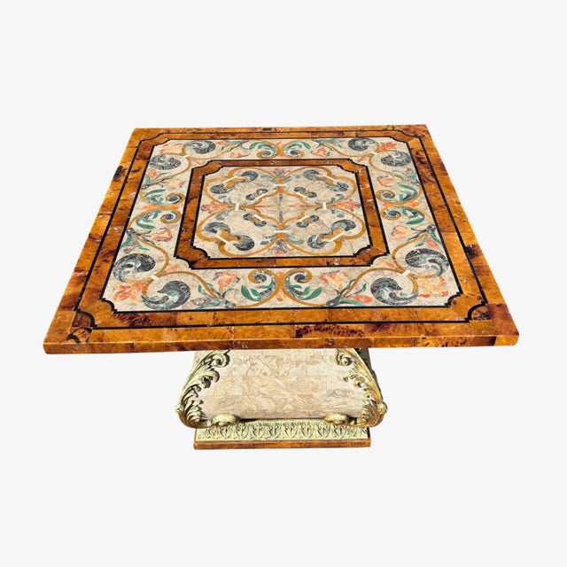 Wood Italian Marble Pietra Dura Inlaid Side Table W Gilt Base For Sale - Image 7 of 12