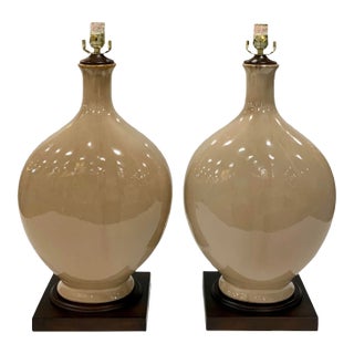 Modern Taupe Glaze Ceramic Dudley Table Lamps Pair For Sale