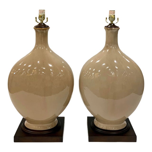 Modern Taupe Glaze Ceramic Dudley Table Lamps Pair For Sale