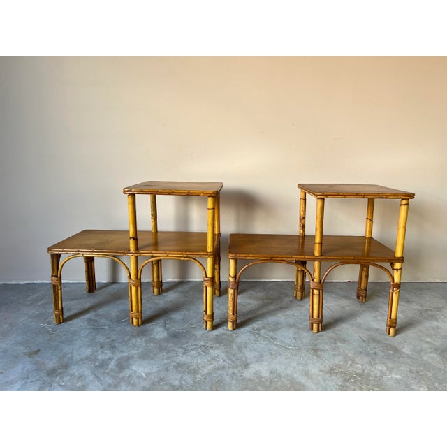 Available for sale this fantastic pair of mid-century two- tier bamboo side tables. Heywood-Wakefield - Style. Each table...