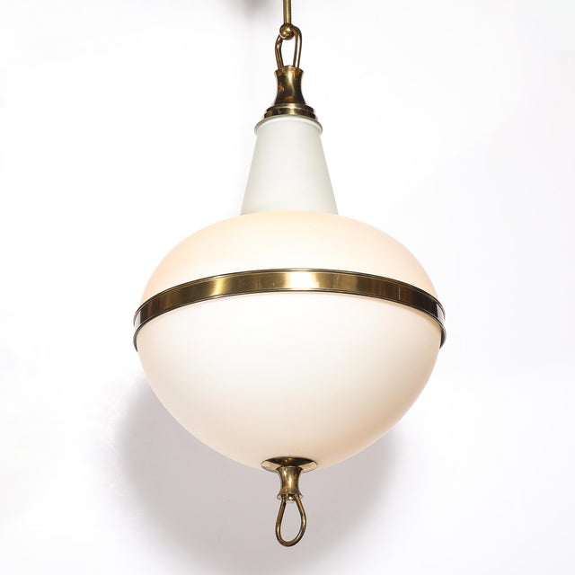 White Mid-Century Modern Murano Glass & Brass Banded Detailed Pendant Chandelier For Sale - Image 8 of 18