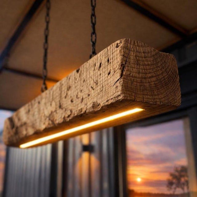 Metal Reclaimed Oak Beam Chandelier | Rustic Farmhouse Pendant Light, Integrated Led Fixture For Sale - Image 7 of 7