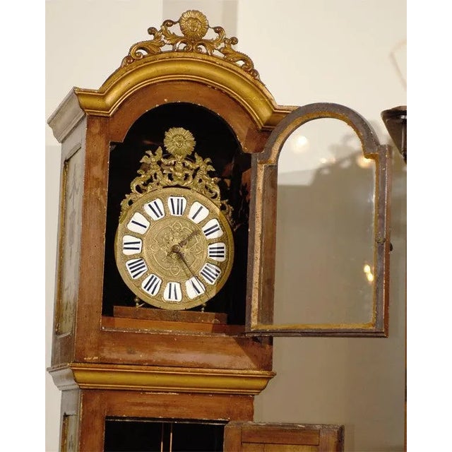 Brown 19th Century French Longcase Painted Clock with Carved Crest For Sale - Image 8 of 11