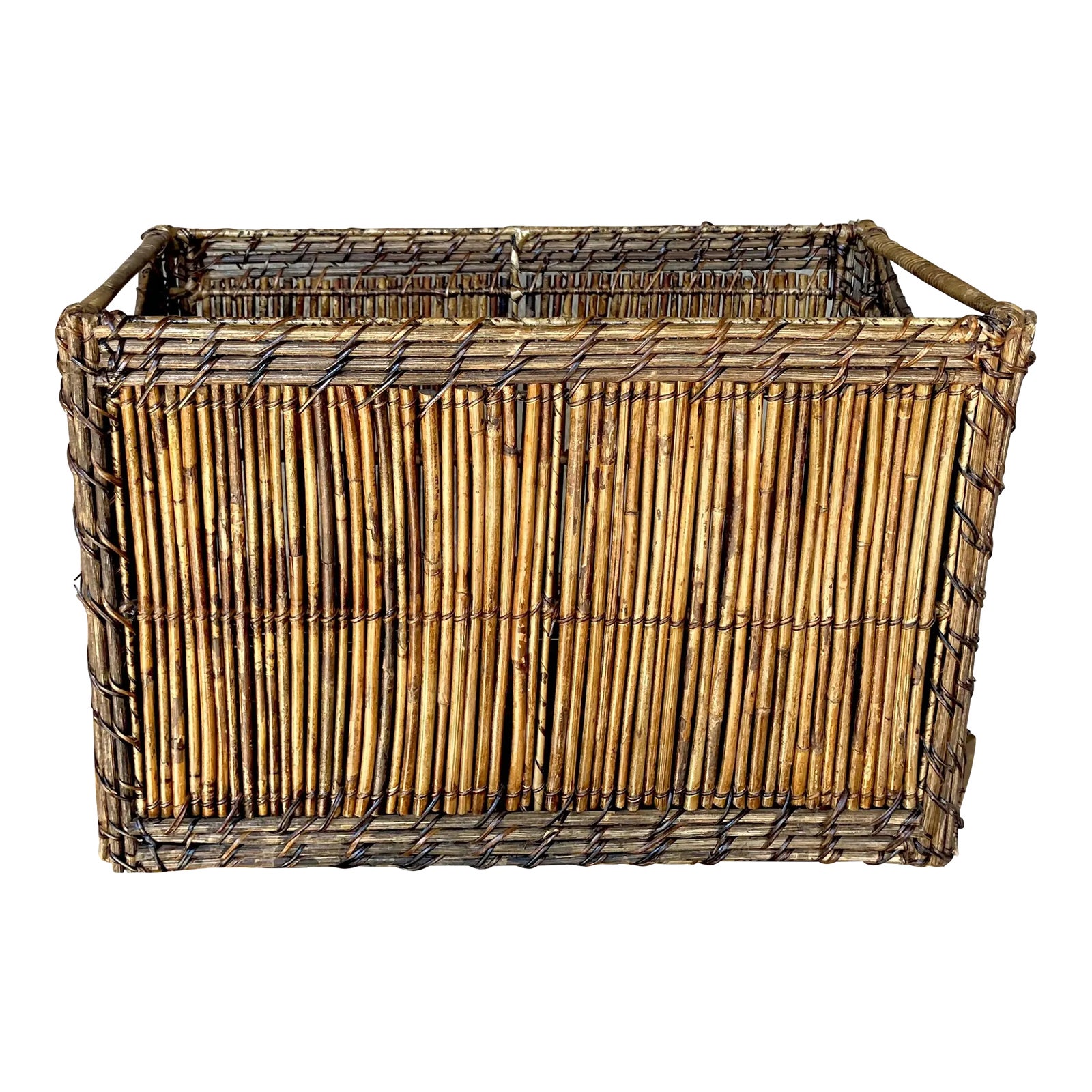Mid 20th-Century Pencil Reed Tortoiseshell Rattan Media Storage Basket ...
