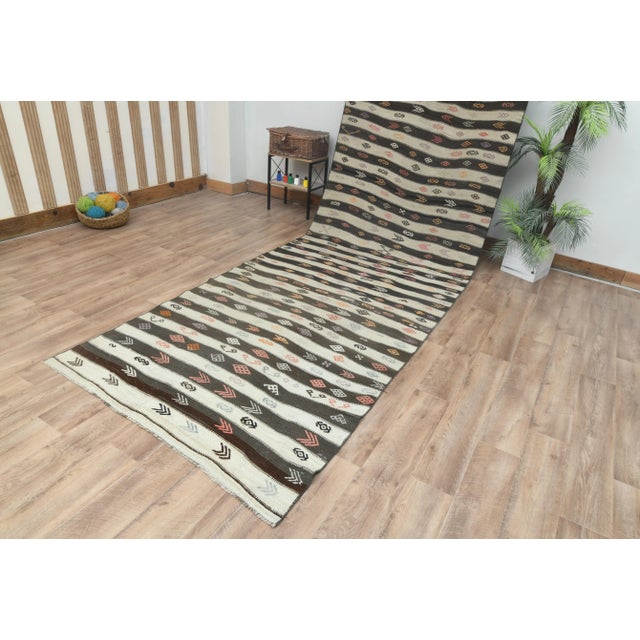 Textile 1970s Vintage Turkish Handmade Wool Cotton Beige Brown Kilim Runner Rug For Sale - Image 7 of 11